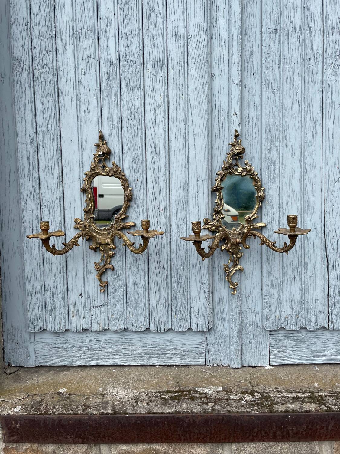 Pair of vintage bronze wall sconces with mirror and 2 candles