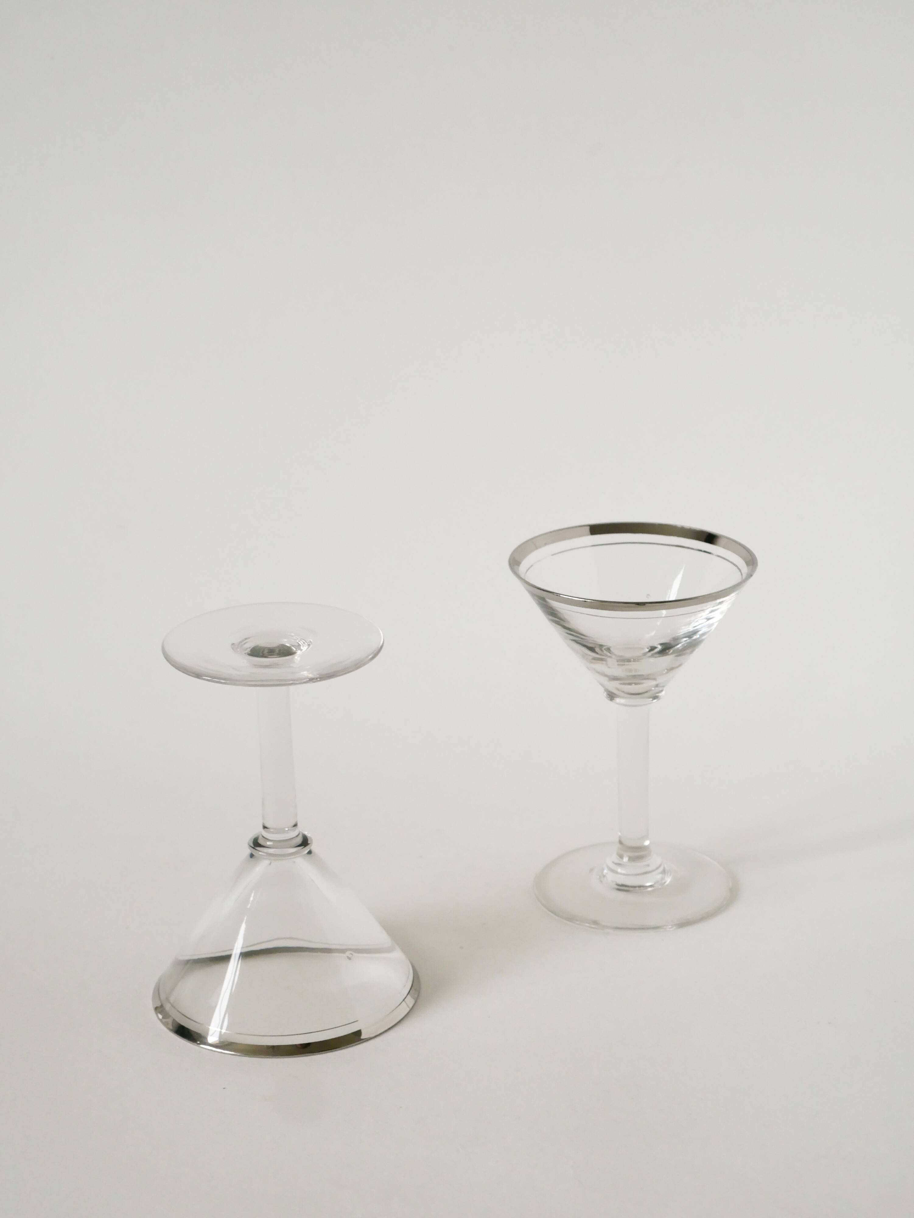 Set of 6 cocktail / martini glasses, chrome rim, Art Deco, 1930s