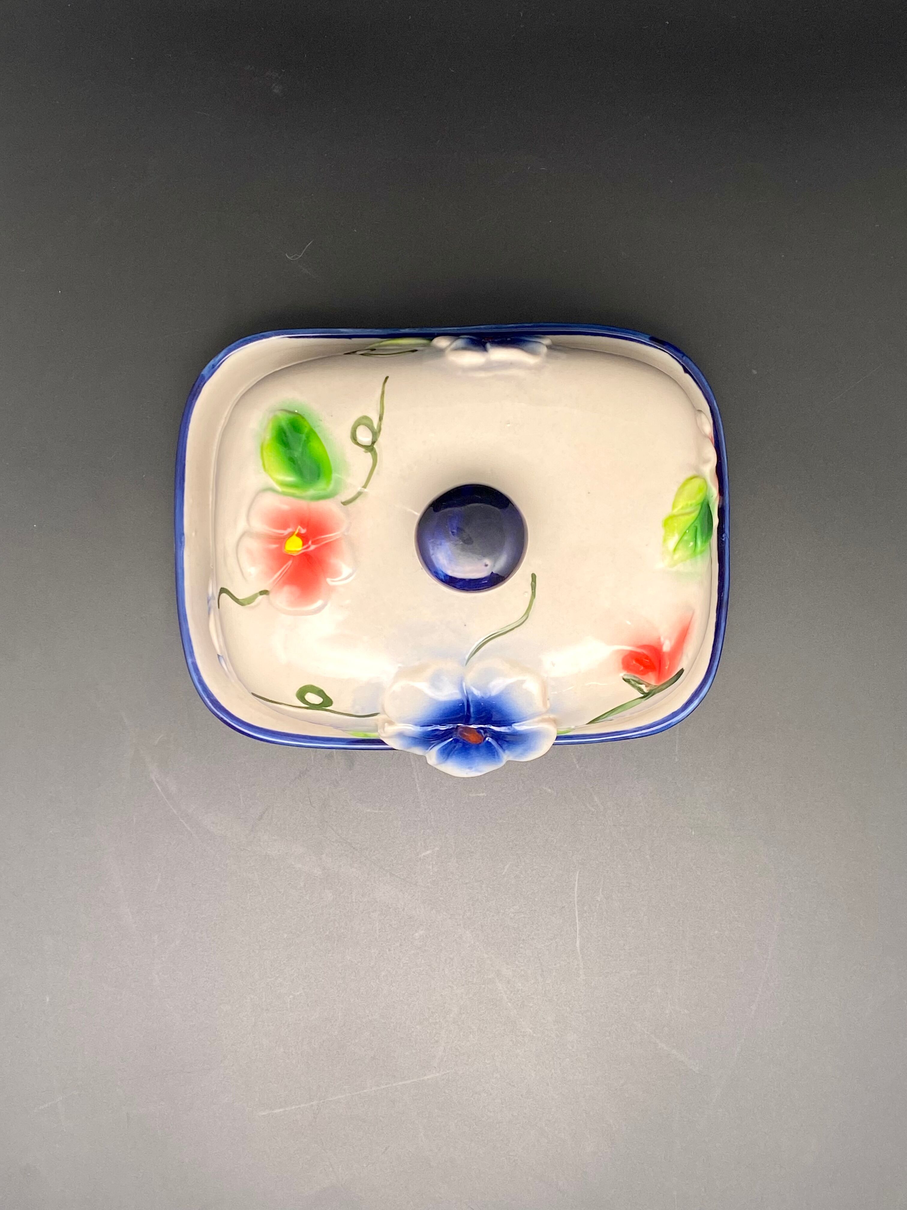 Ceramic butter dish with colored flowers