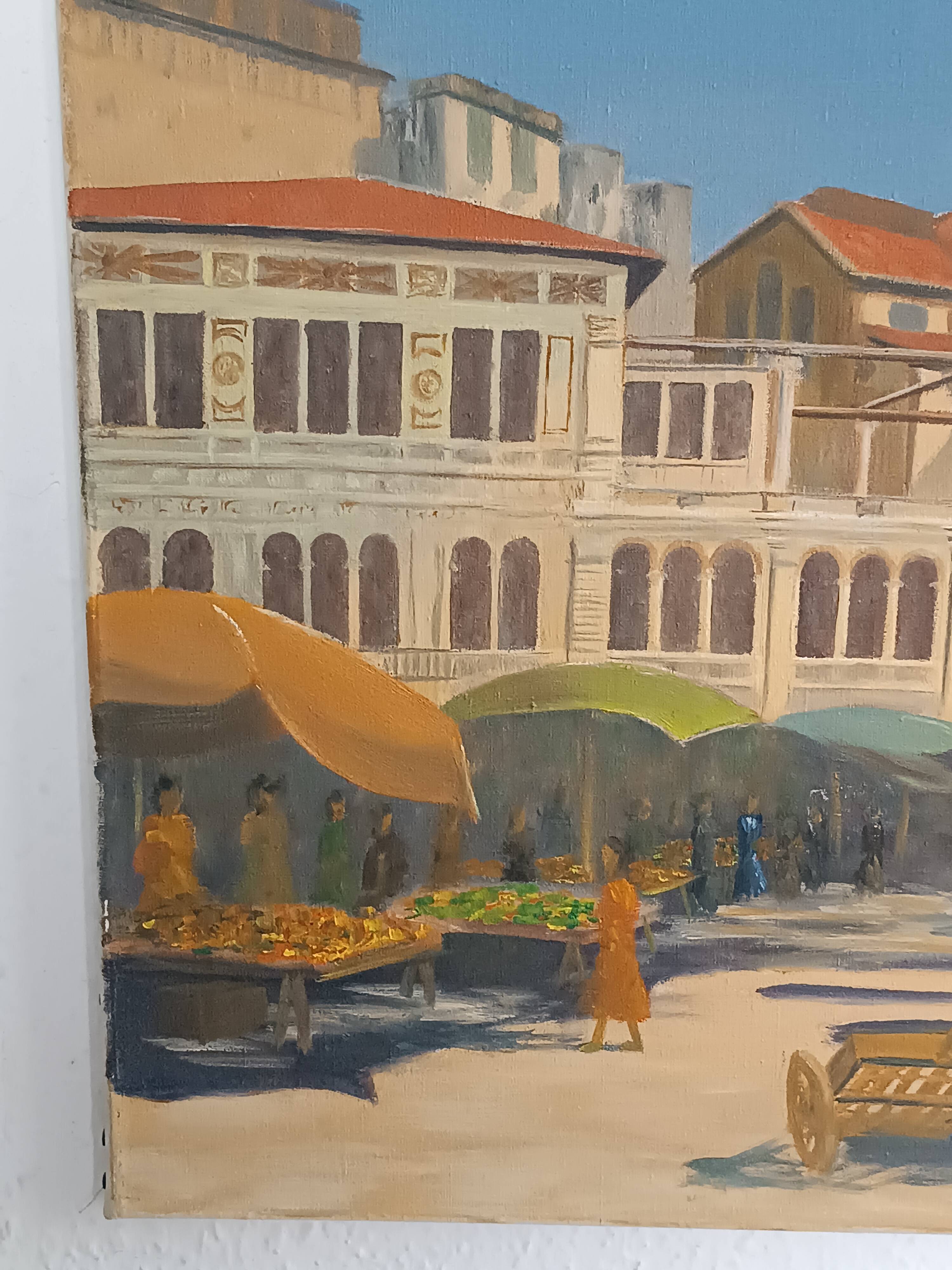 Original oil painting, Provençal market in Nice, France, Grether, 1948