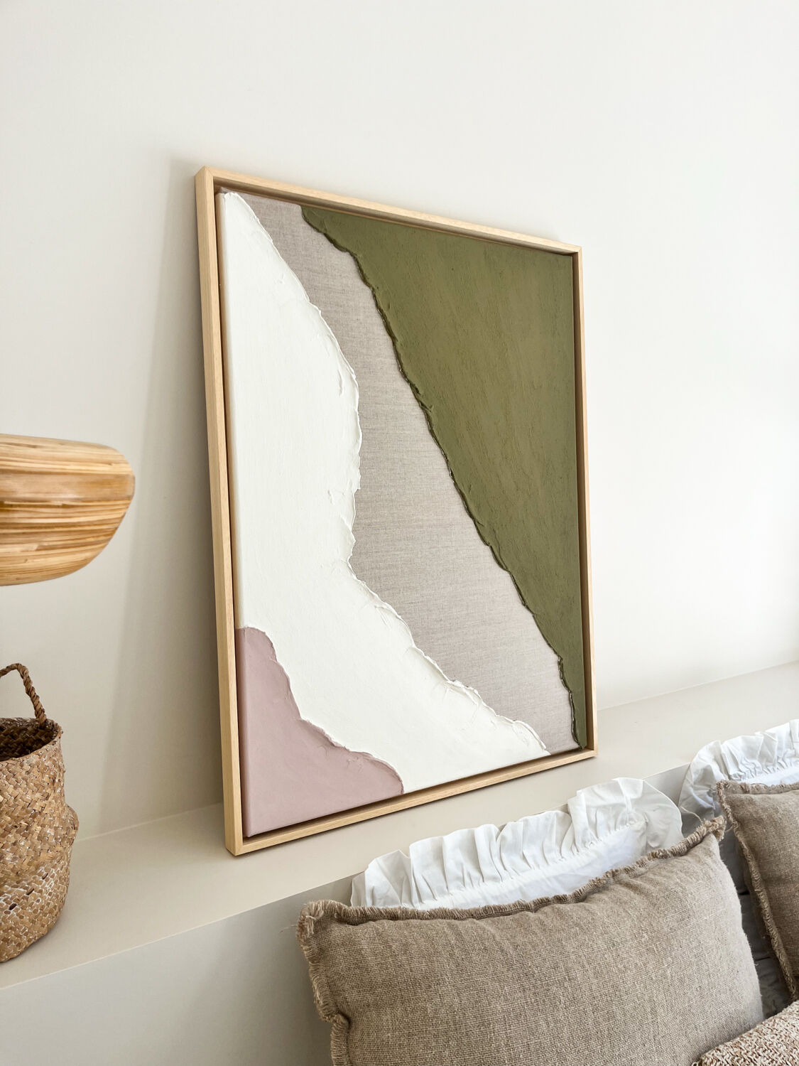 Minimalist relief table linen, khaki, pink, cream.