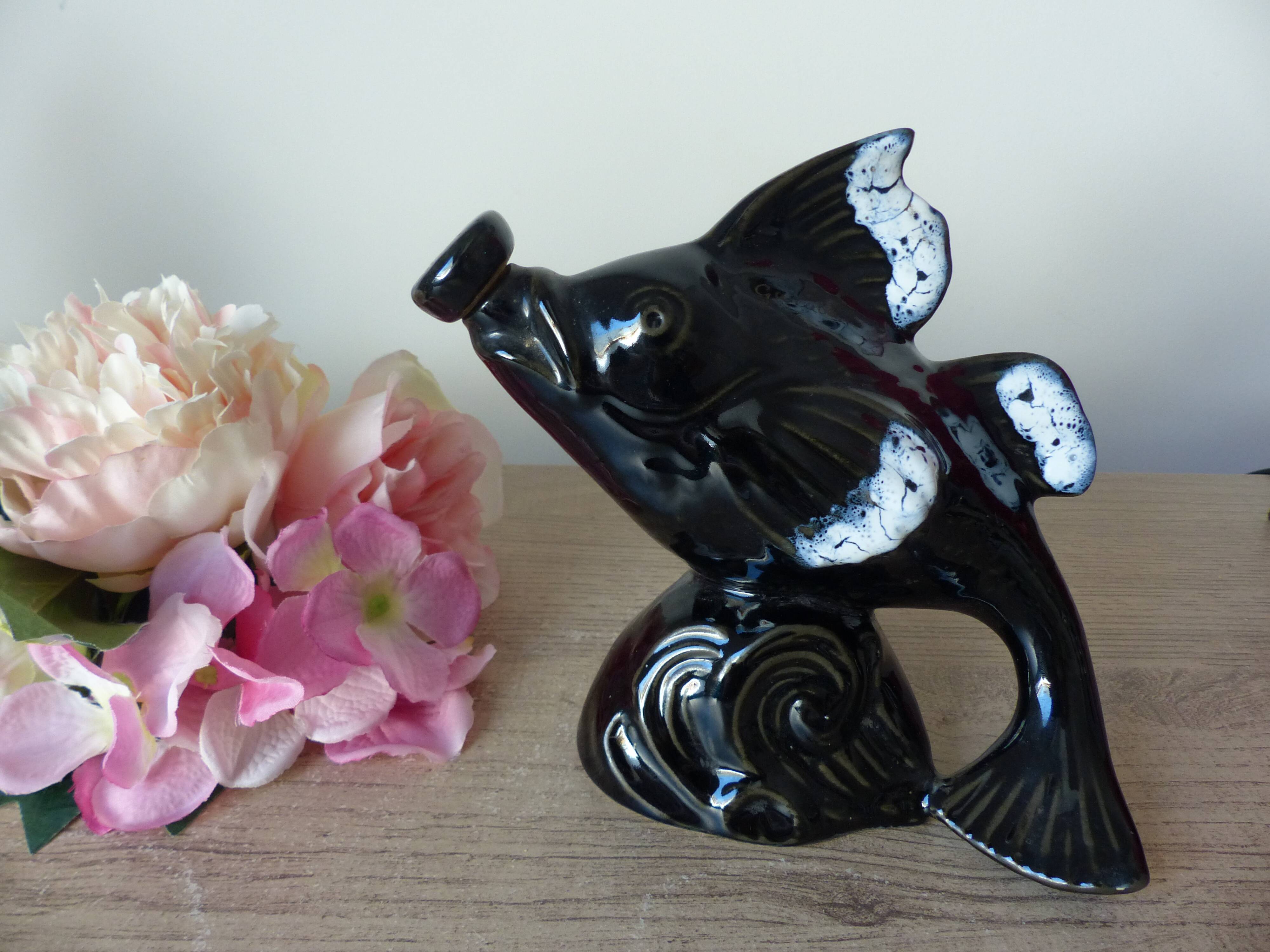 Zoomorphic fish pitcher, vintage pottery fish ceramic pitcher