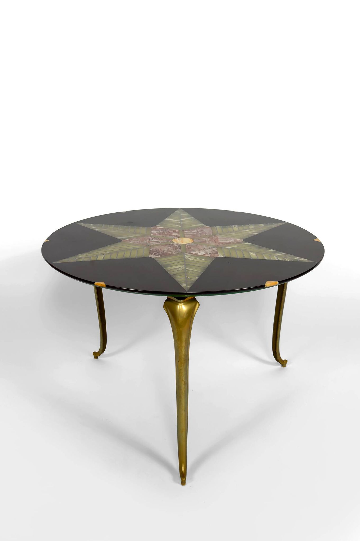 Exceptional coffee table in bronze and marble marquetry, c. 1960