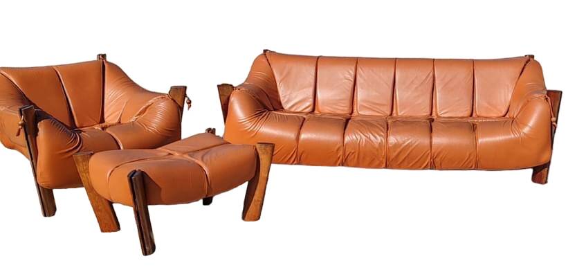 Percival lafer mp-211 sofa set with two armchairs and an ottoman in leather.