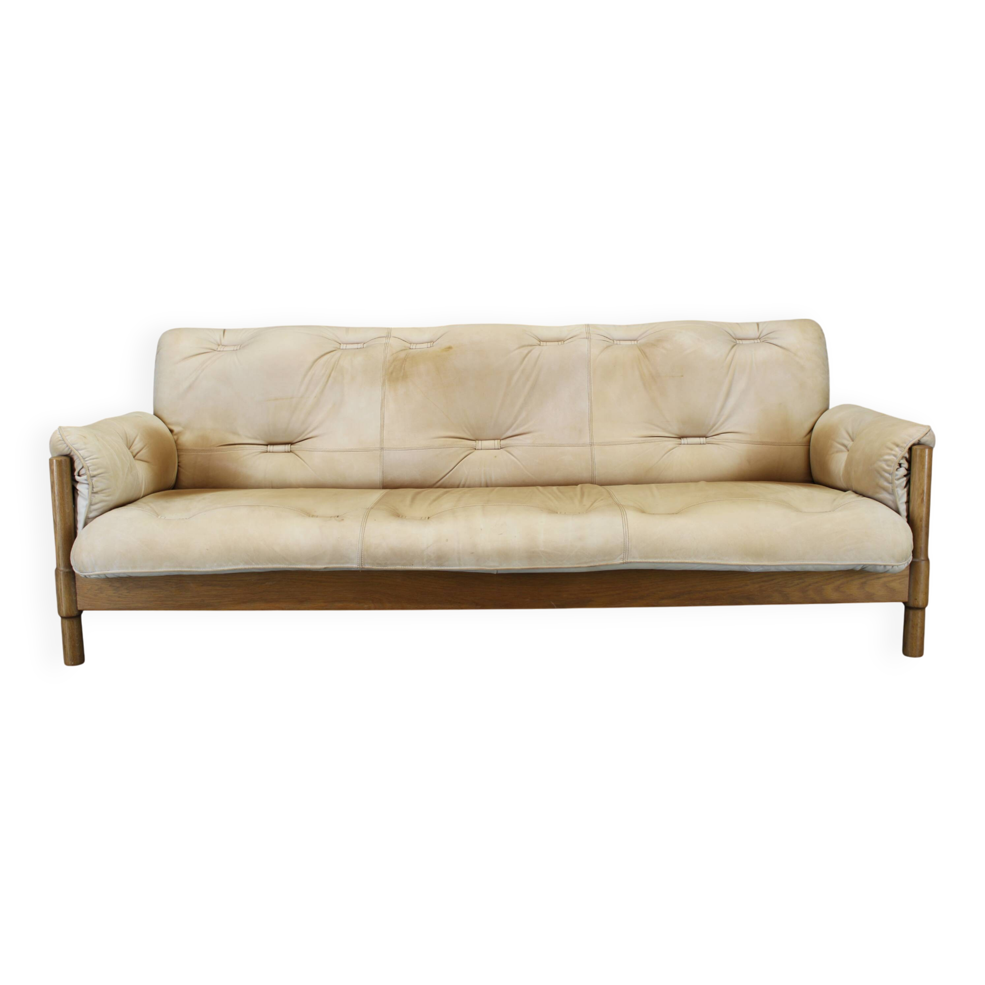 1960s Oak Scandinavian 3-Seater Sofa in Fine Leather Upholstery