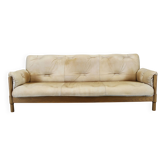 Canapé 3 places scandinave en chêne des années 1960 avec revêtement en cuir fin