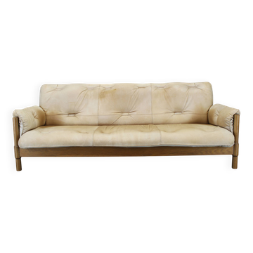 1960s Oak Scandinavian 3-Seater Sofa in Fine Leather Upholstery