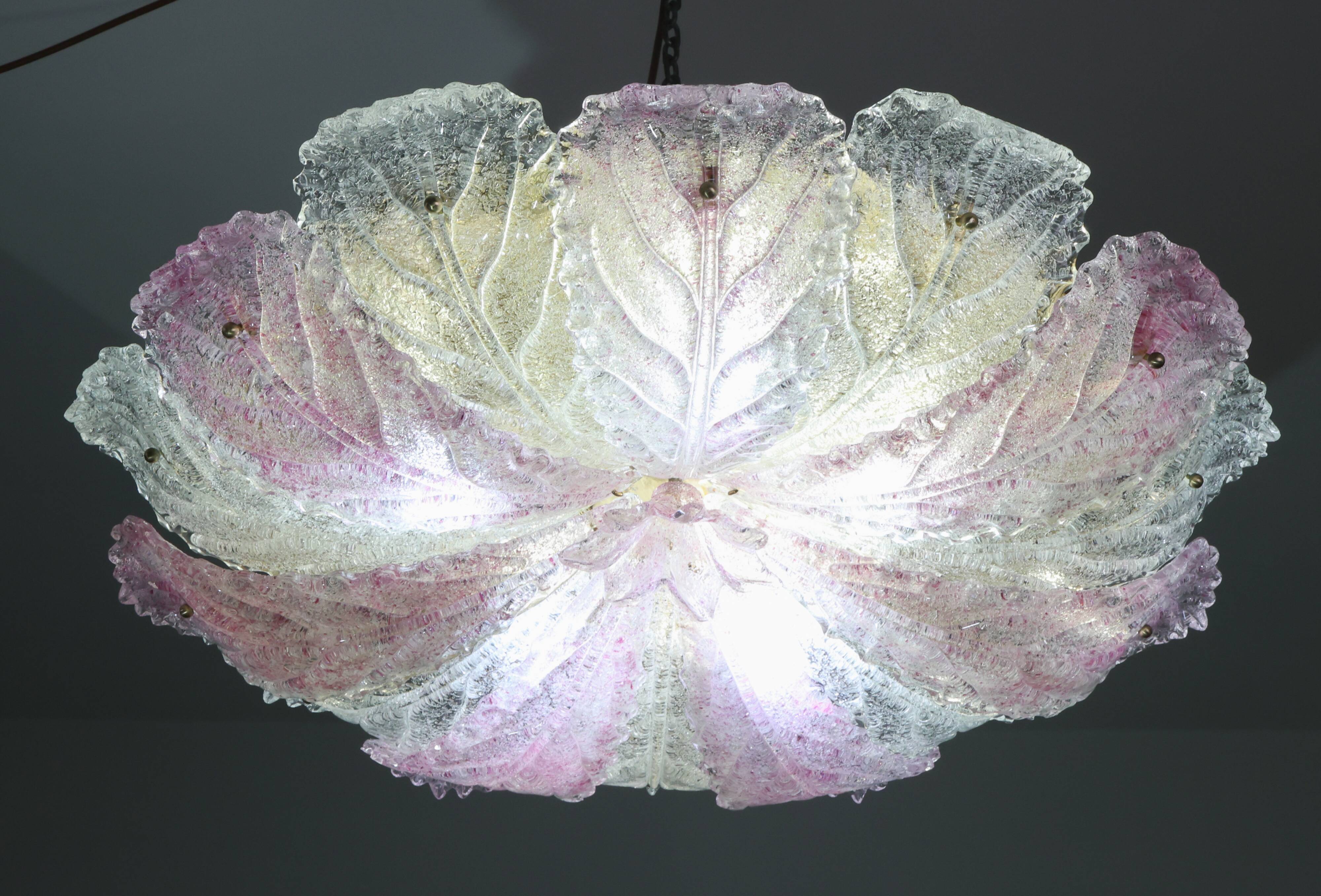 Large Size Pink and Transparent Murano Glass Leave Ceiling Light or Chandel