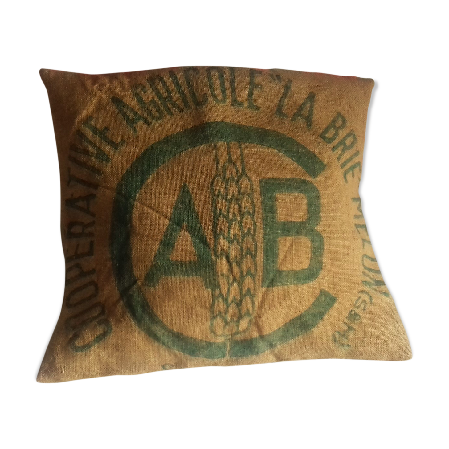 Coussin toile de jute ecre verte coopérative agricole la brie melun