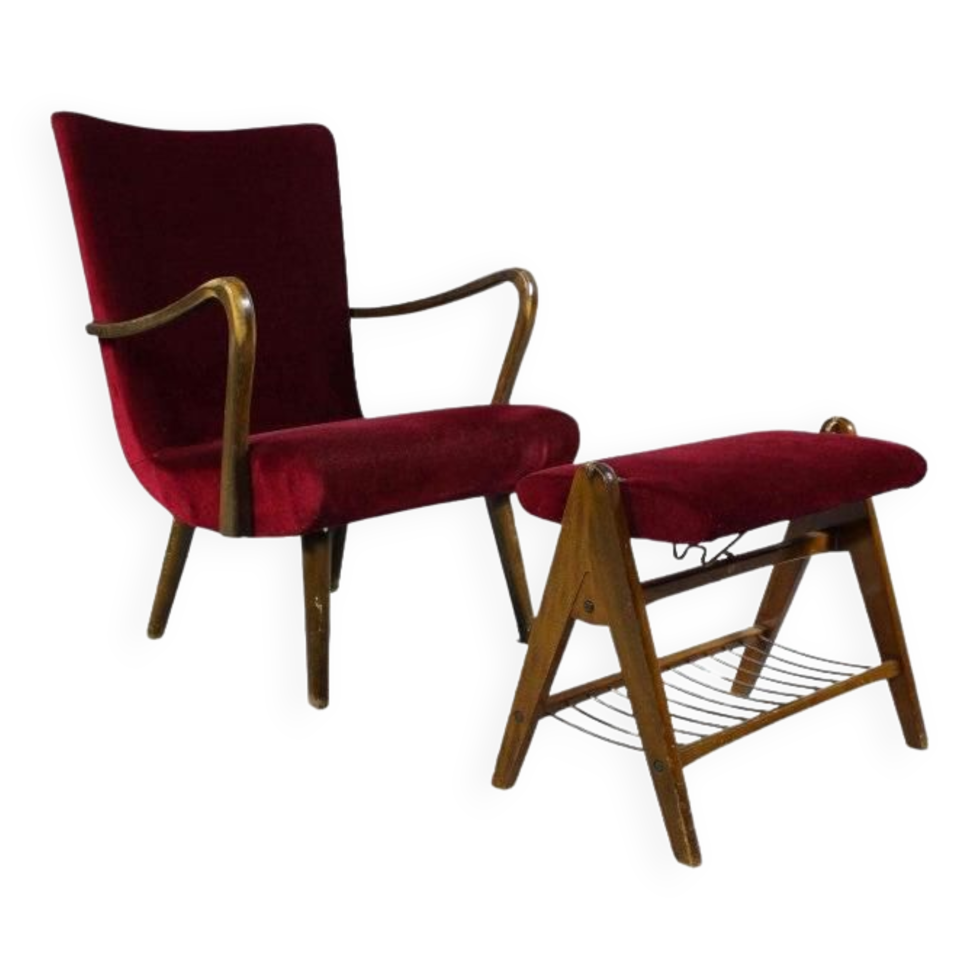 Velvet armchair with footstool, Denmark 1950s