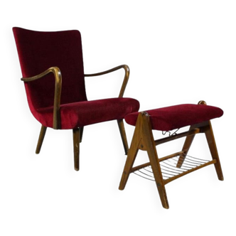 Velvet armchair with footstool, Denmark 1950s