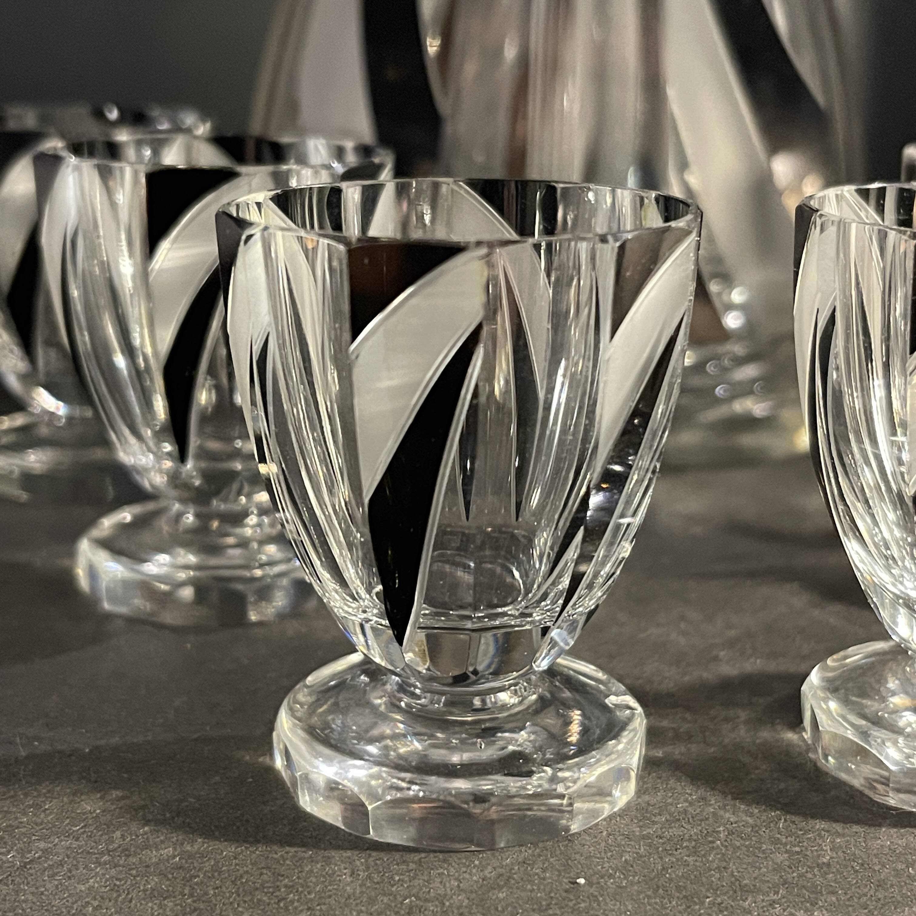 Art deco liqueur set, carafe & 6 glasses, cut double crystal, cubist decor, karl palda