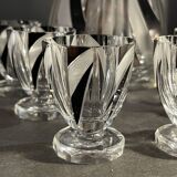 Art deco liqueur set, carafe & 6 glasses, cut double crystal, cubist decor, karl palda