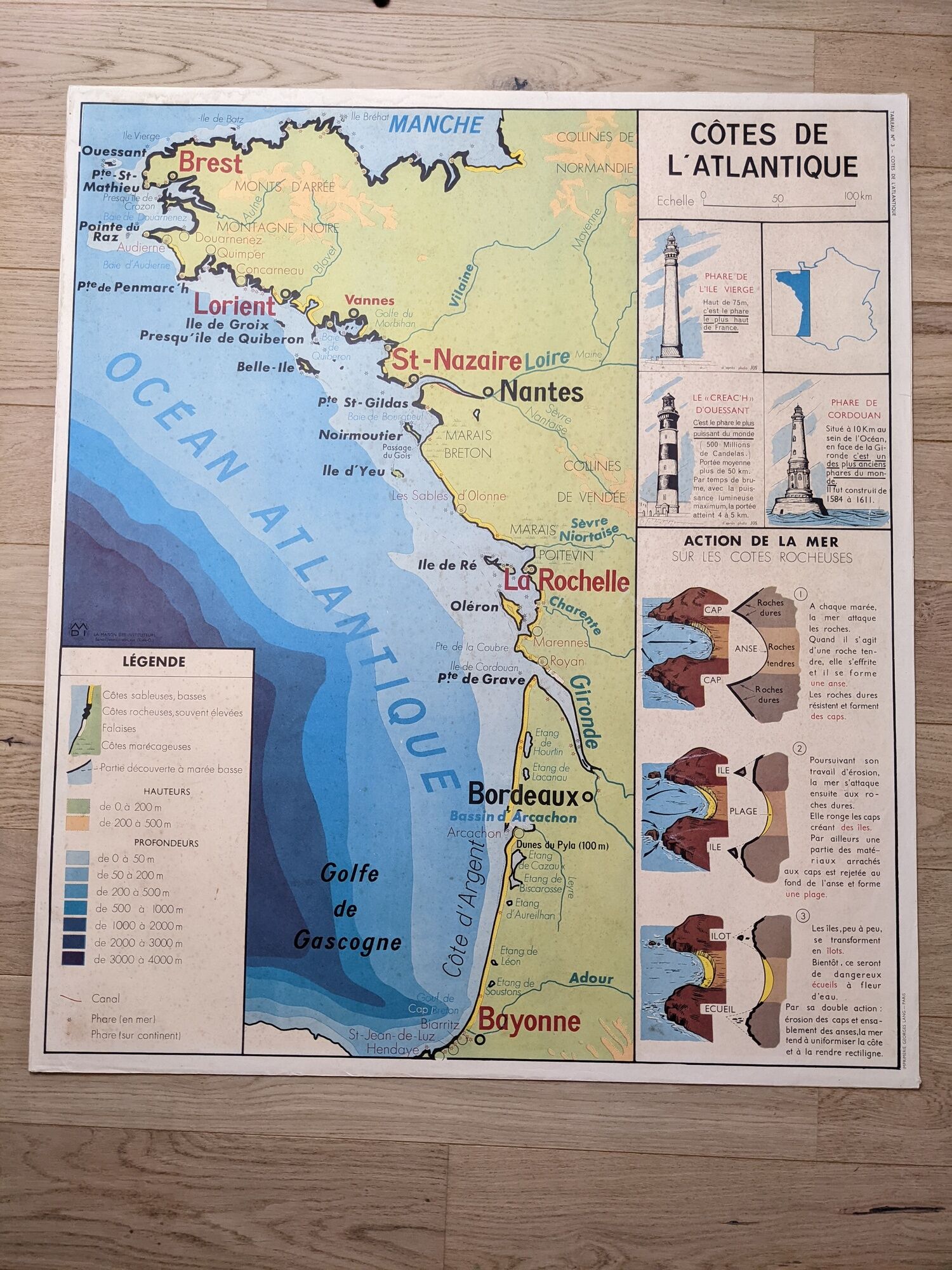 Old map of france school poster vintage climates atlantic coast 60s