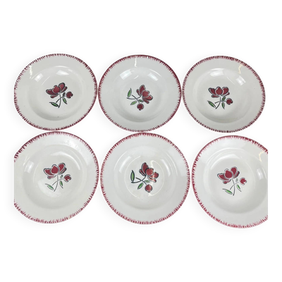 Set de 6 assiettes creuses en porcelaine, Badonviller, fleur rouge, 1950