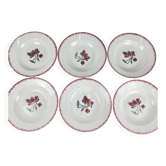 Set de 6 assiettes creuses en porcelaine, Badonviller, fleur rouge, 1950
