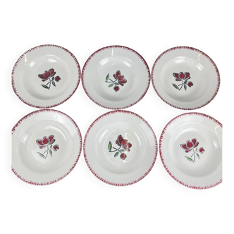 Set of 6 porcelain soup plates, Badonviller, red flower, 1950