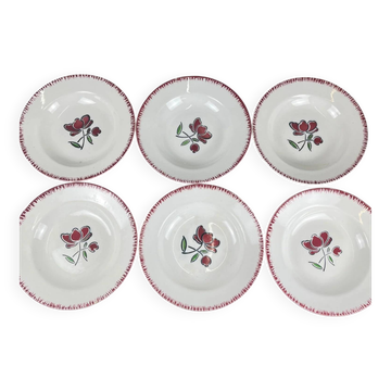 Set of 6 porcelain soup plates, Badonviller, red flower, 1950