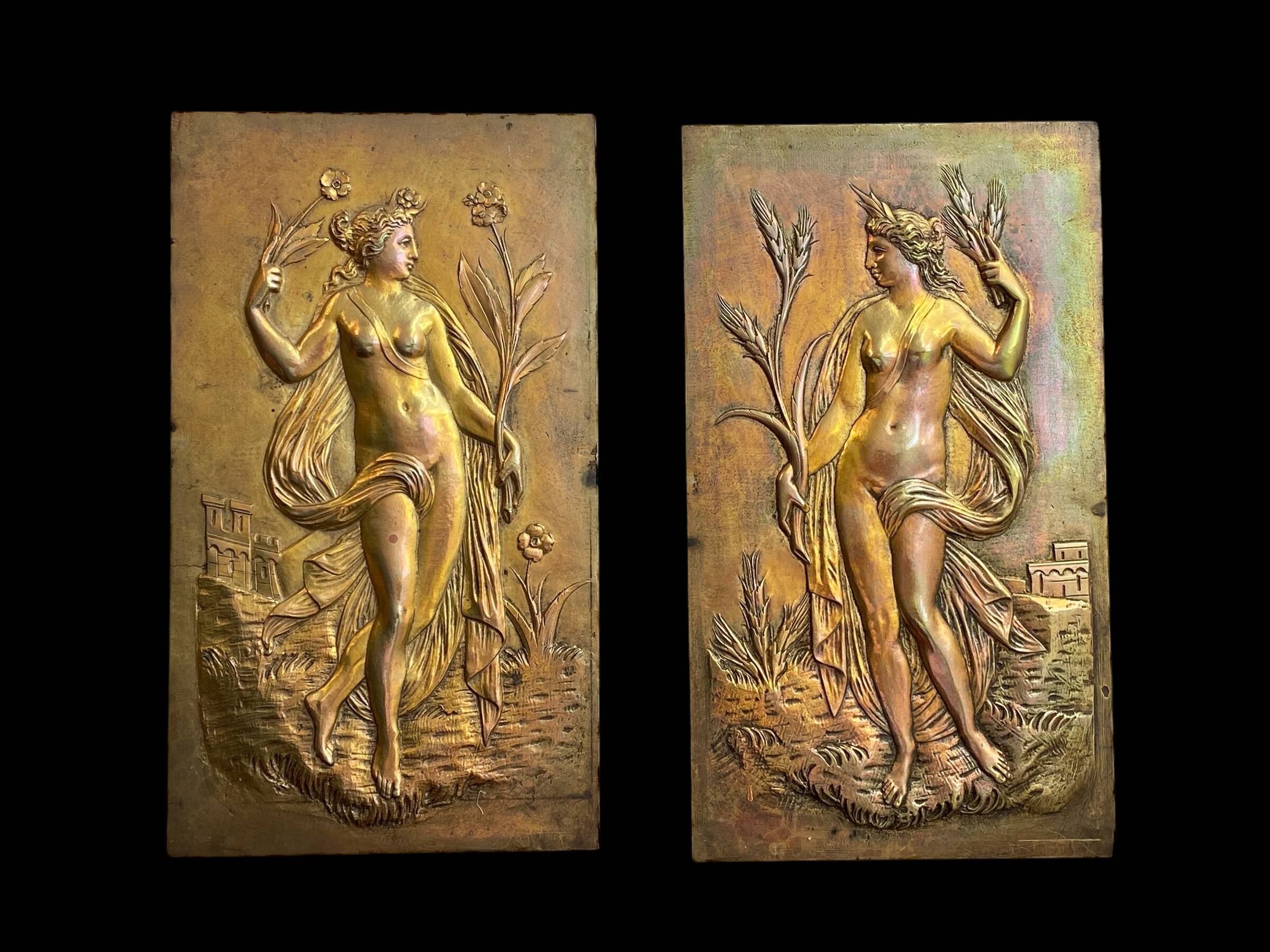 Pair of bronze bas-reliefs on the theme of the 4 seasons, spring and summer
