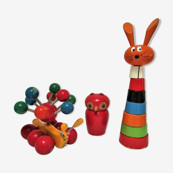Trois jouets bois chouette escargot lapin design vintage fmf kouvalias