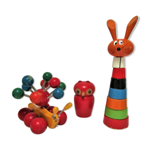 Trois jouets bois chouette escargot