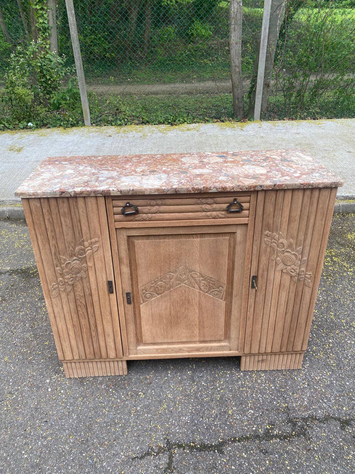Art Deco vintage Parisian buffet renovated in solid wood and pink marble 123cm