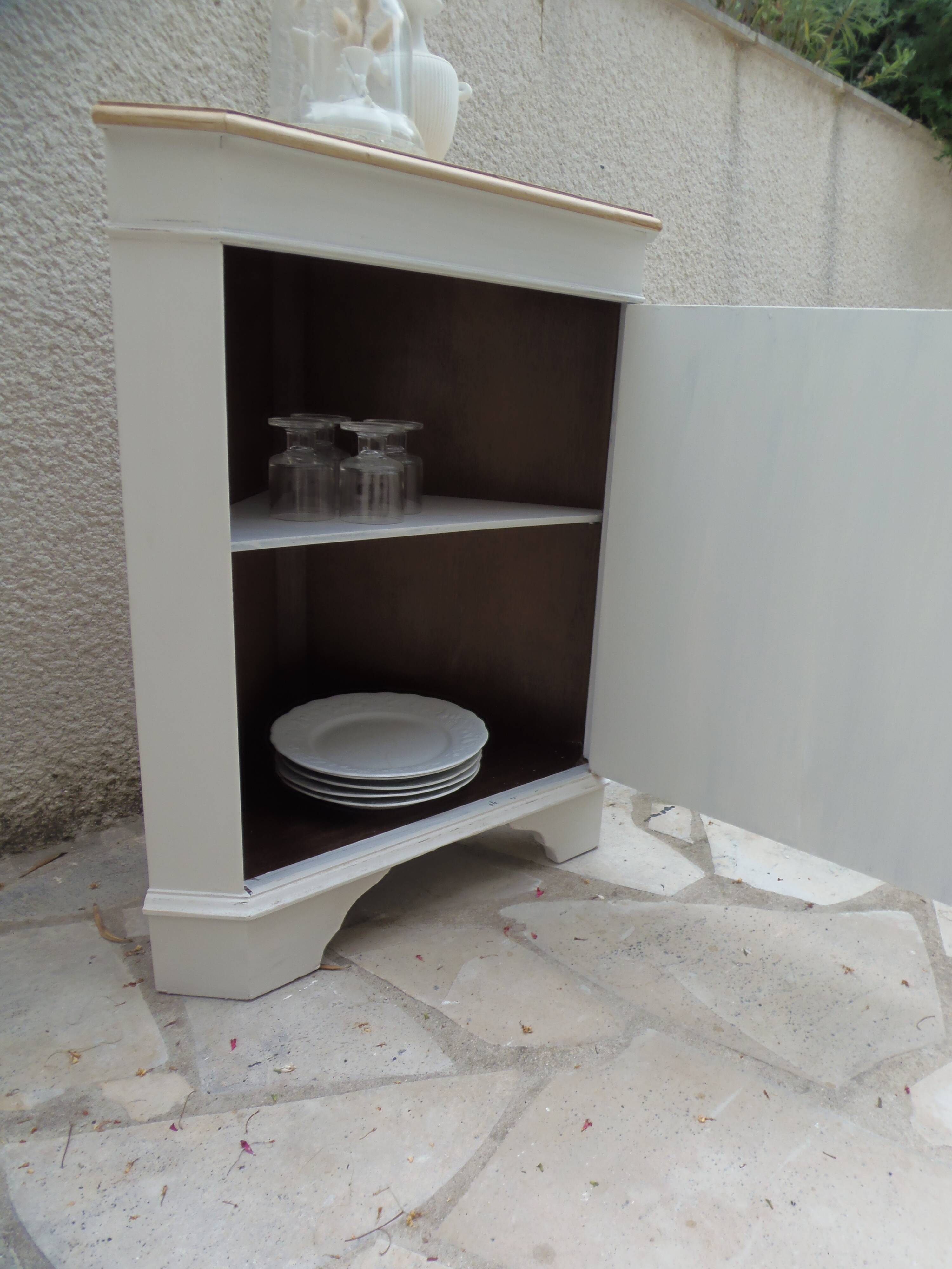 Vintage English furniture in pearl grey, wooden top.
