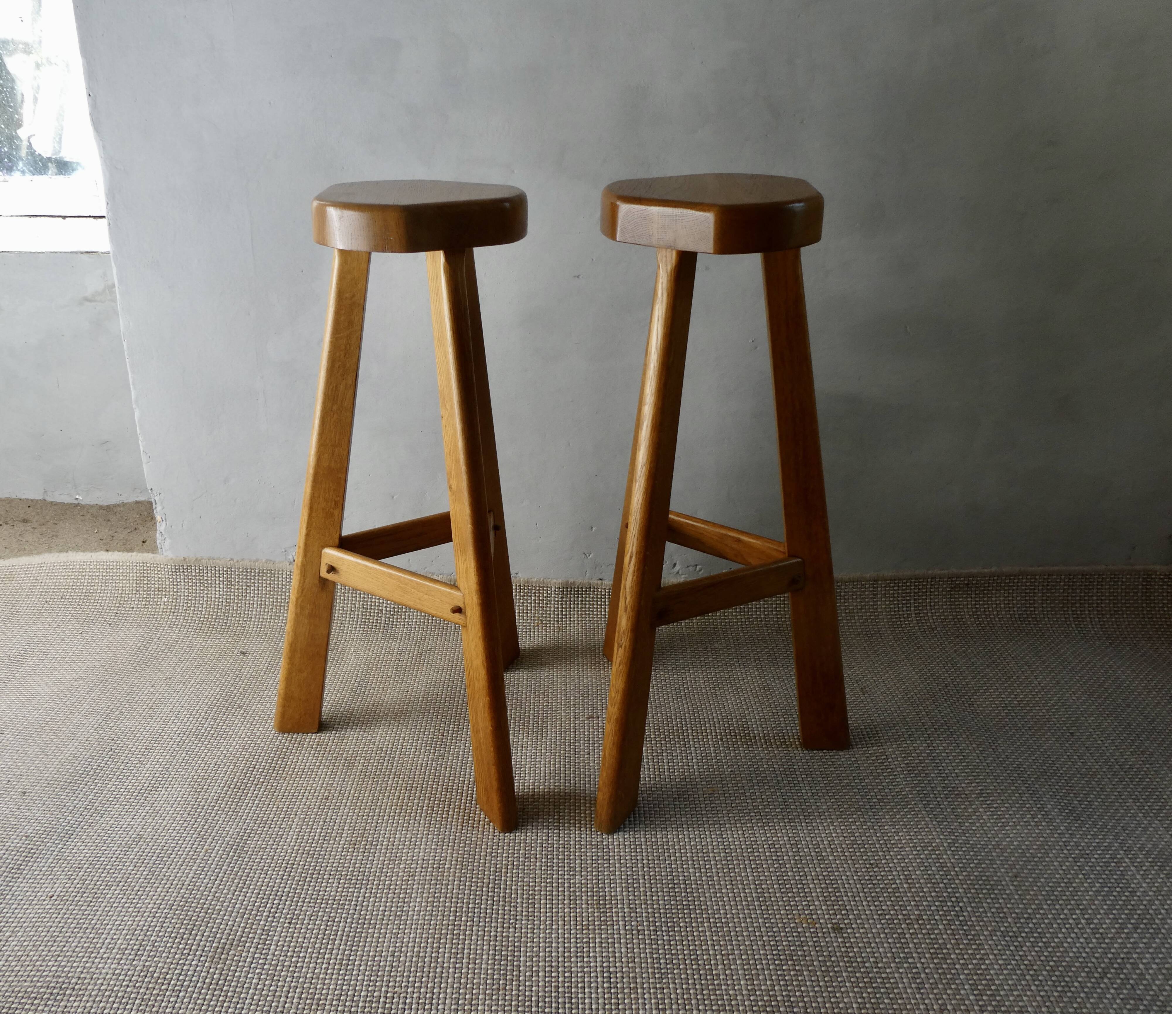 Pair of high bar stools, tripods, in solid wood