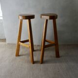 Pair of high bar stools, tripods, in solid wood