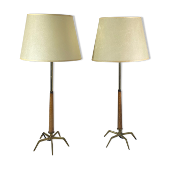 Pair of wooden and brass lamps, 50s