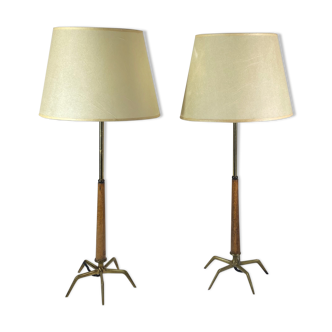Paire de lampes en bois et laiton, années 50