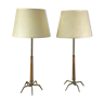 Pair of wooden and brass lamps, 50s