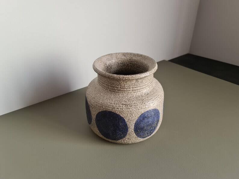 Mid-century modern stoneware vase with cobalt blue dots.