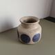 Mid-century modern stoneware vase with cobalt blue dots.