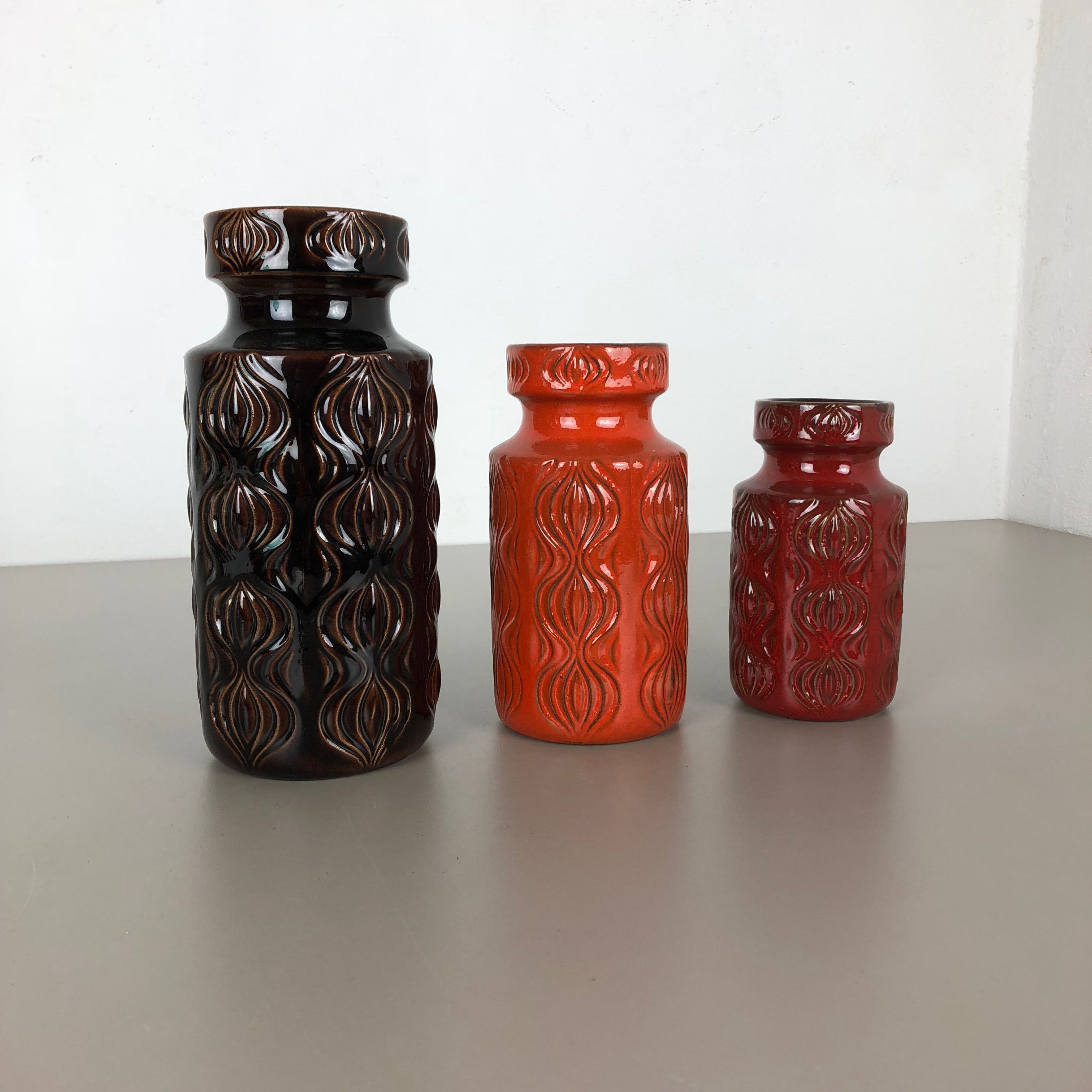 Set of three vintage pottery fat lava 'onion' vases made by Scheurich, Germany