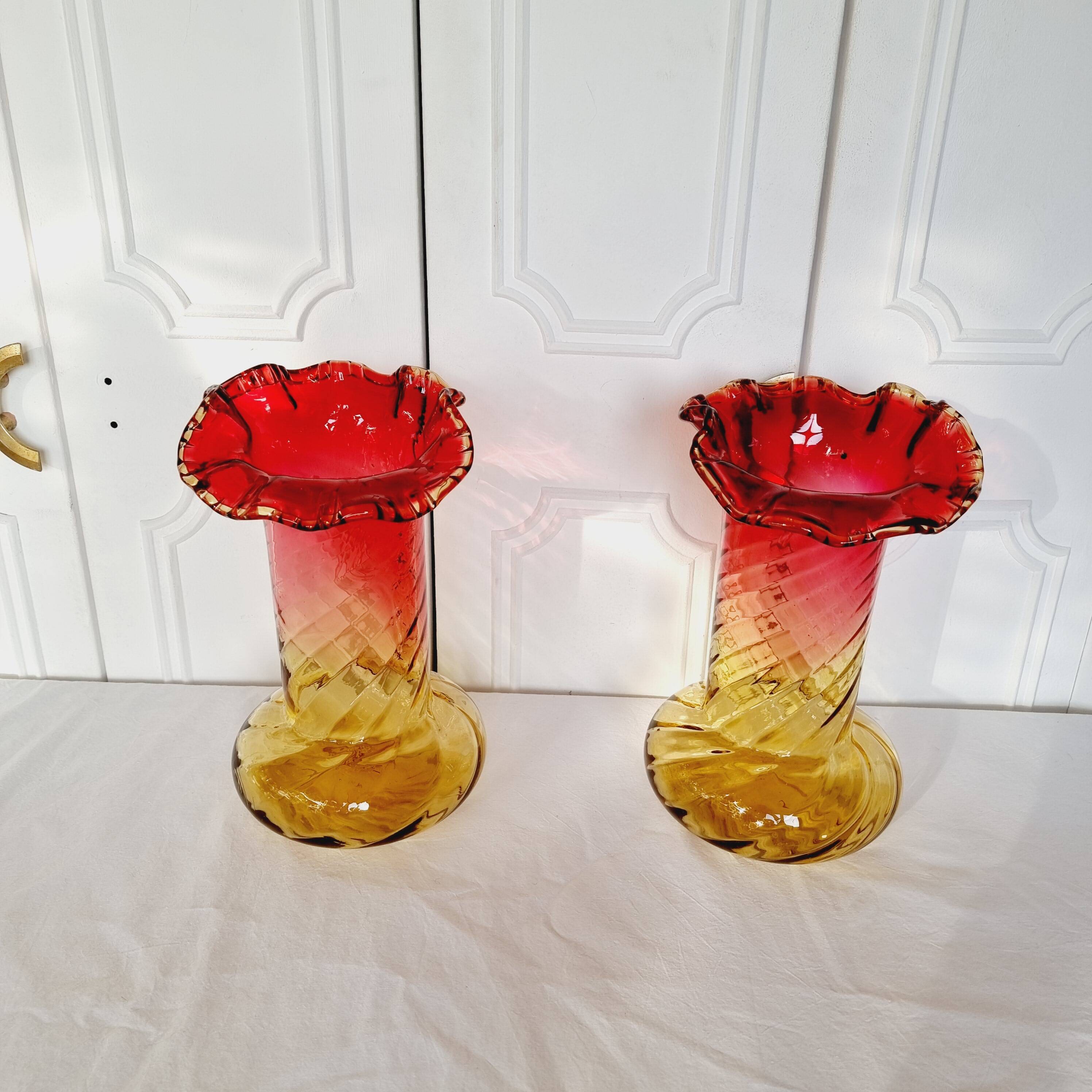 2 Art Nouveau Style Turned Glass Vases from 1900