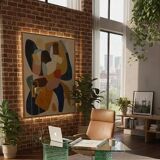 Solid glass desk with a half-moon top.