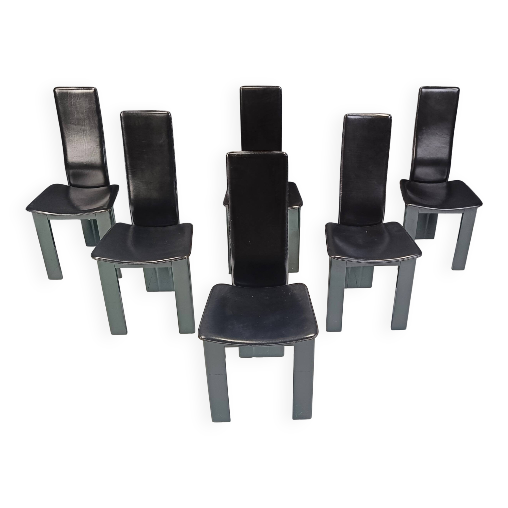 Set of 6 Italian leather and green lacquer dining chairs, 1980s