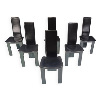 Set of 6 Italian leather and green lacquer dining chairs, 1980s