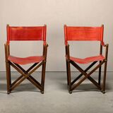 Pair Mogens Koch MK-16 Folding Chair in Oak Wood with Red Leather for Valma