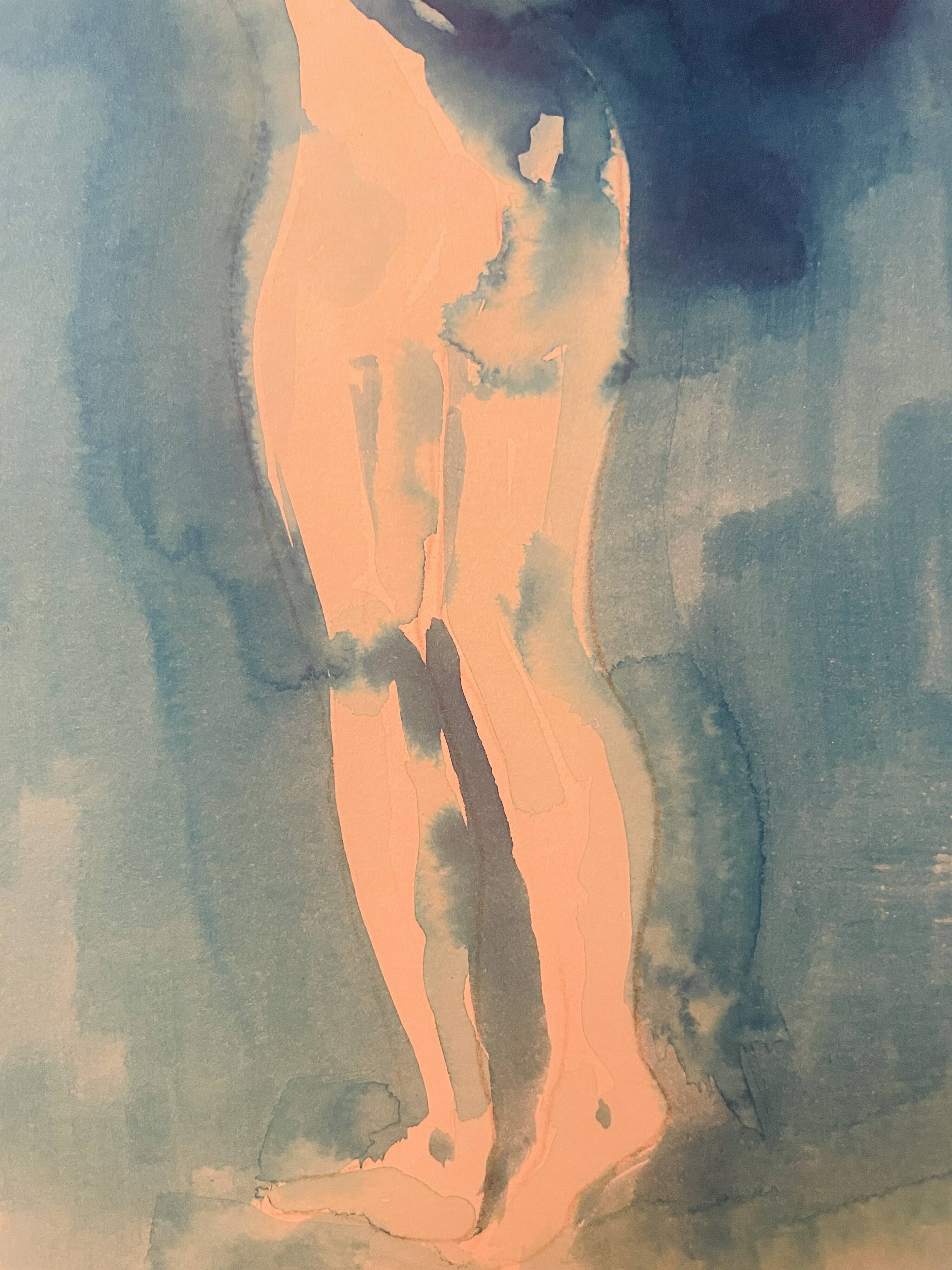 Monochrome blue watercolour tableau collection "Blue Lady" Dance, signed.