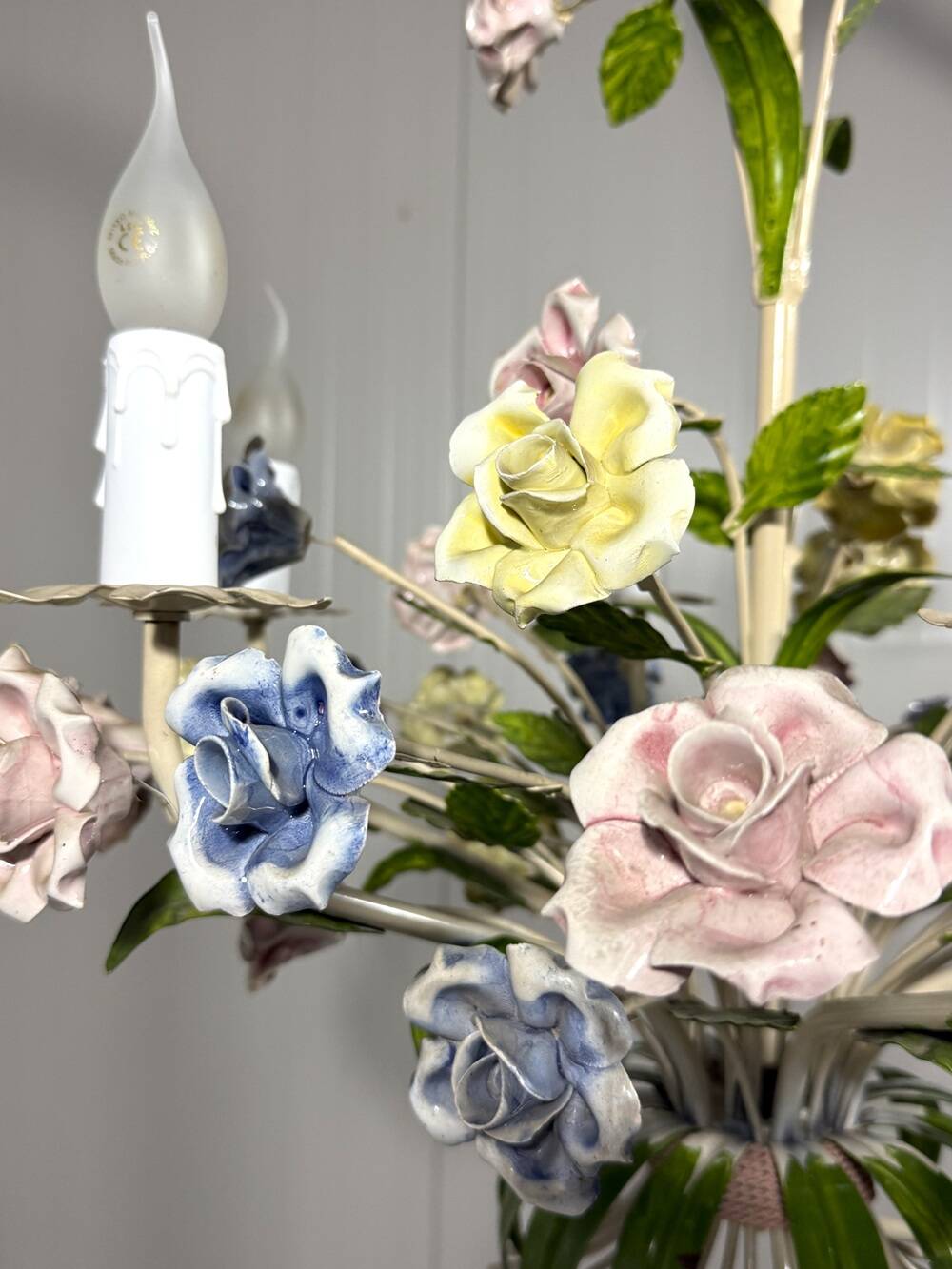 Italian tole chandelier porcelain flowers 1950’s