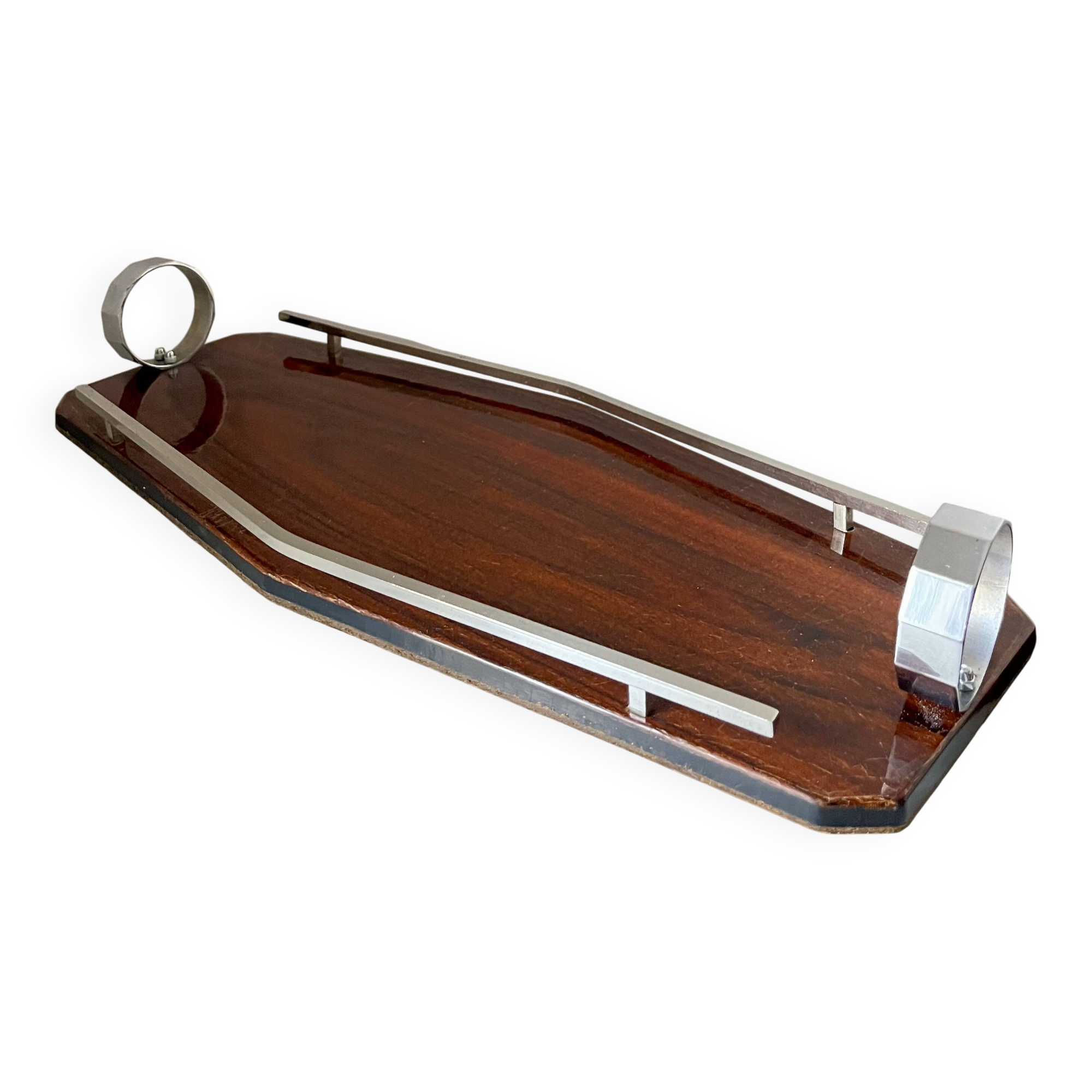Plateau de service Art déco en bois et chrome – Design géométrique, vintage années 1930