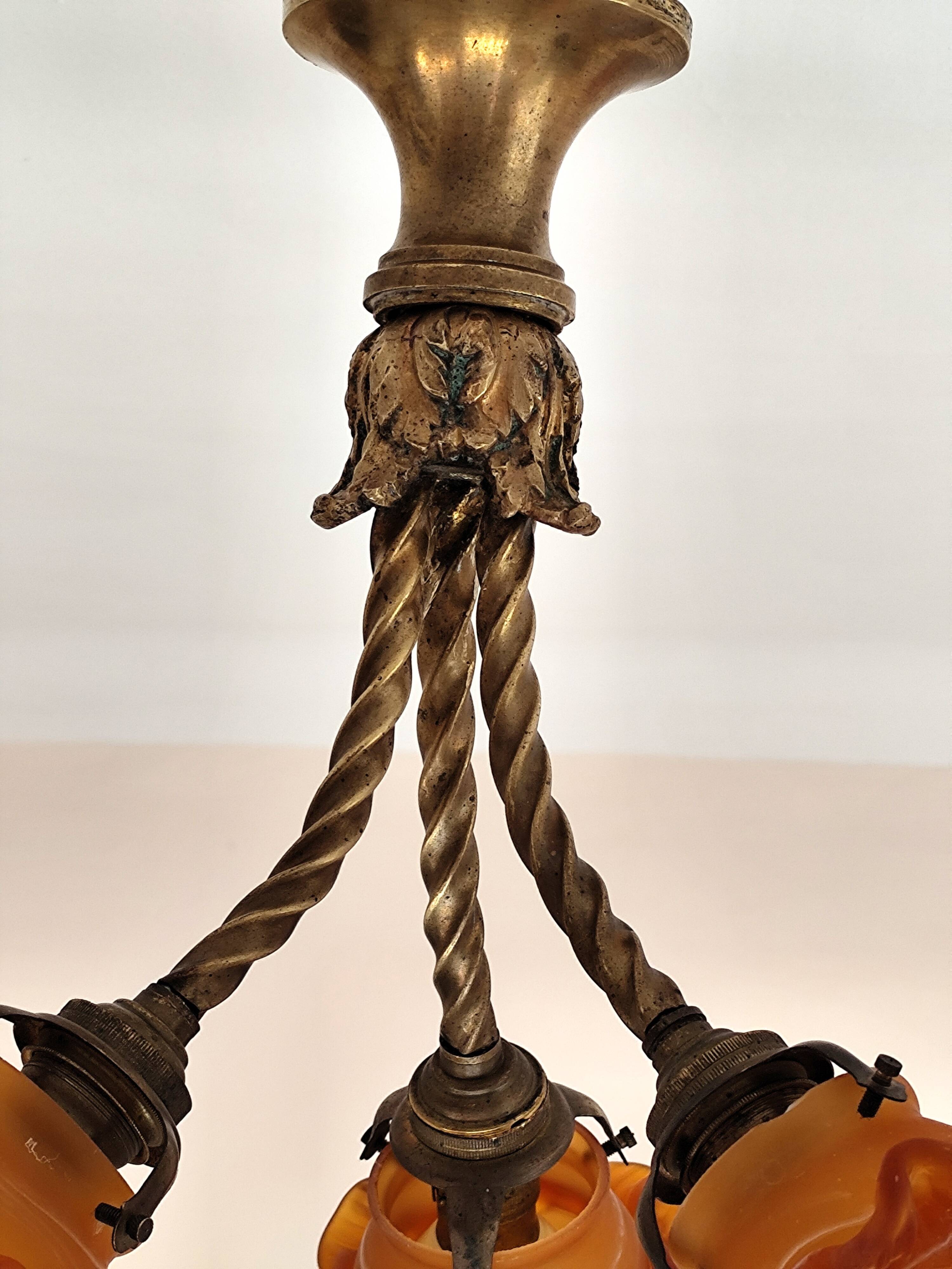 chandelier in Rococo style made of gilded bronze with 3 branches and tulips