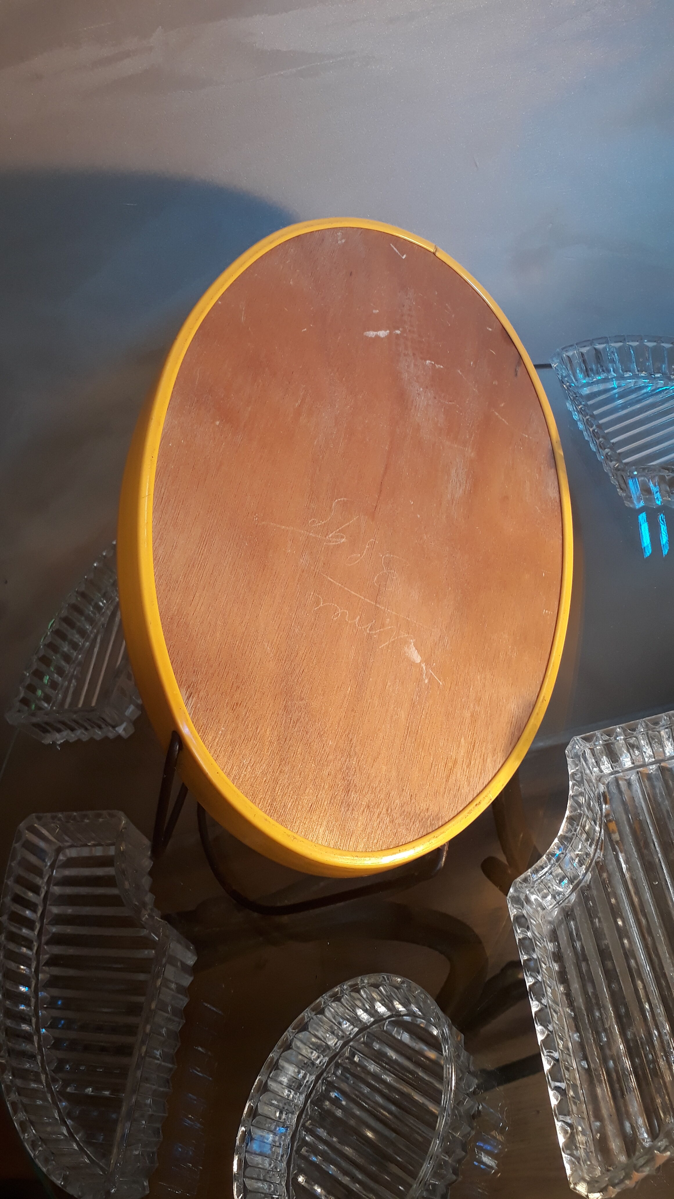 Vintage apero tray, moulded glass, wood and black steel, mirror some natural wear stains.