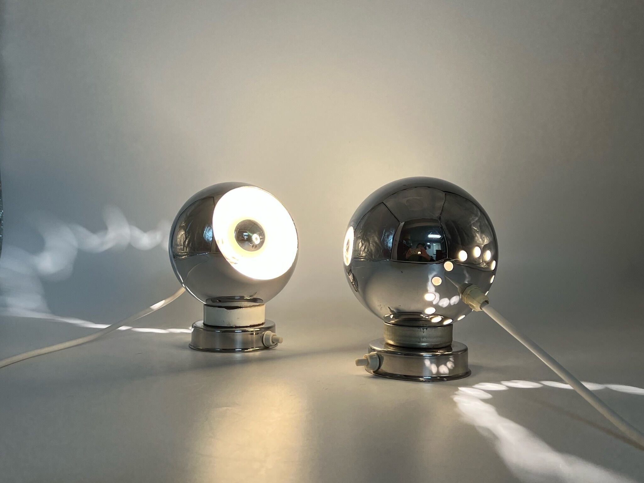 60s lamp set Reggiani Eyeball  chromed globe wall lamps - space age desk lamps