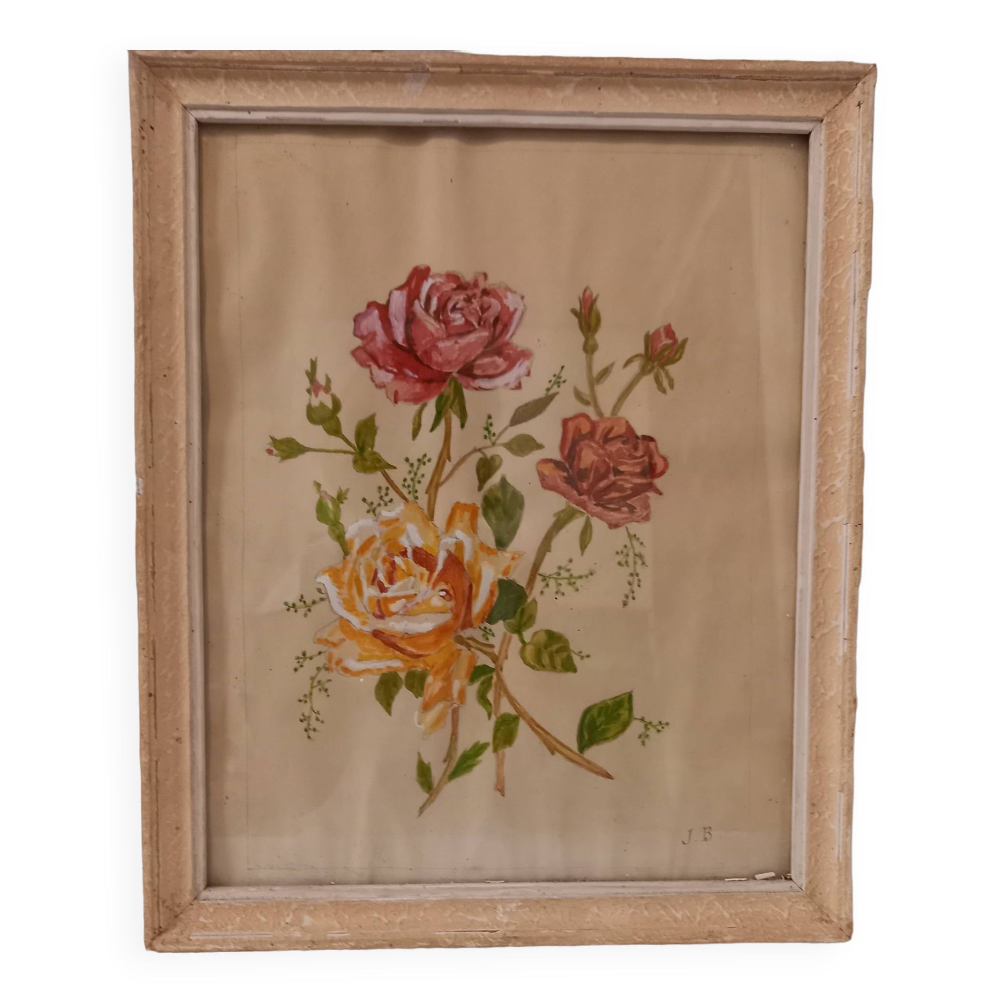 Old painting, gouache on paper, floral composition with roses, framed, under glass