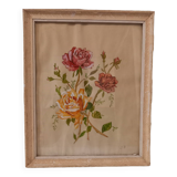 Tableau ancien, gouache sur papier, composition florale avec roses, encadré, sous verre