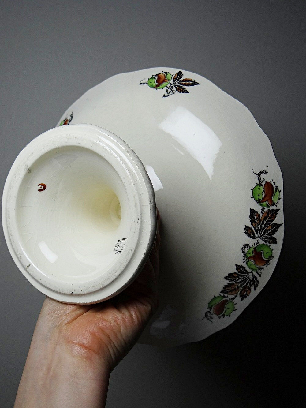 Antique compote dish "Marrons" Longchamp earthenware, polychrome ironstone.