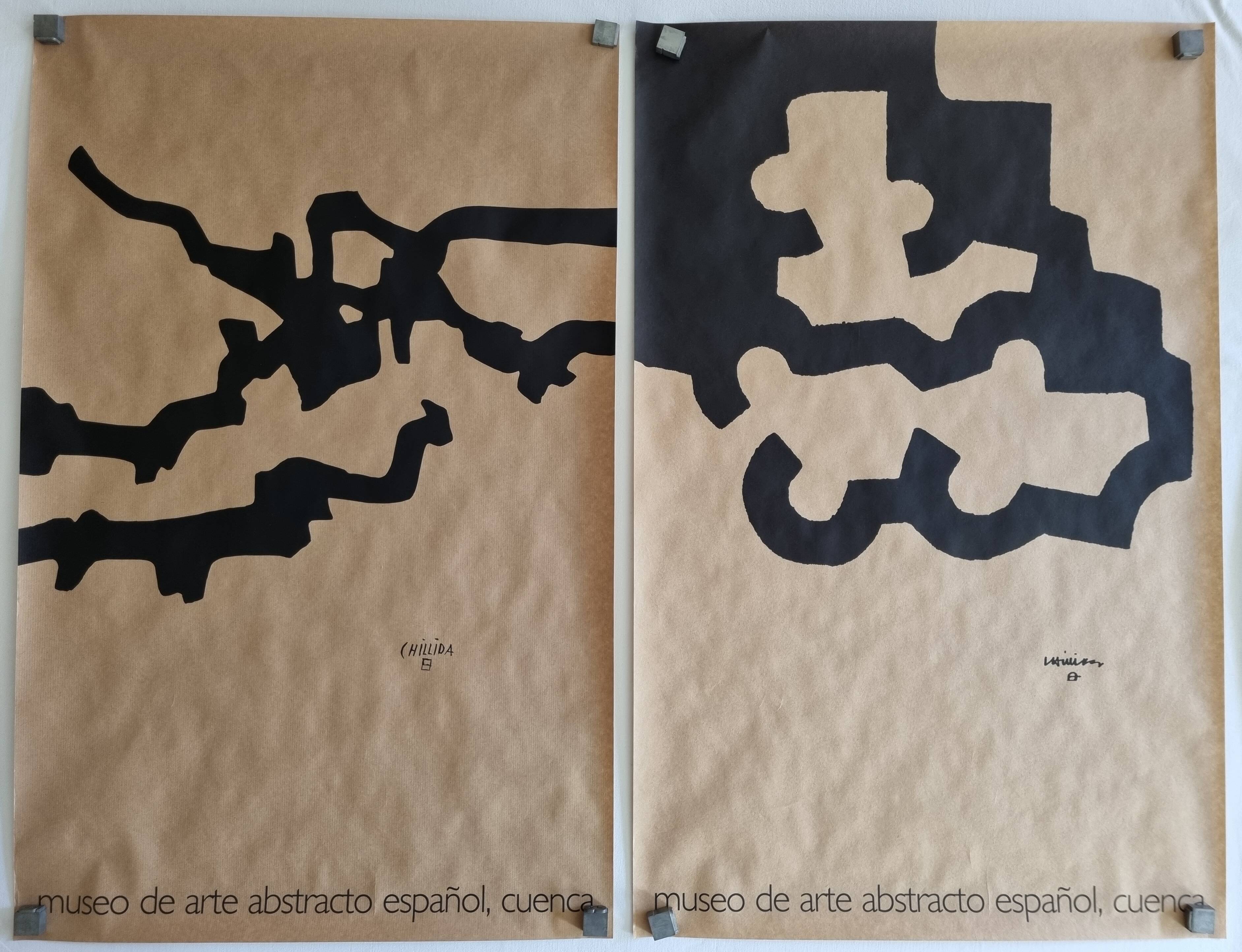 Two Eduardo Chillida screen-printed posters, abstraction on kraft paper, 50 x 70 cm